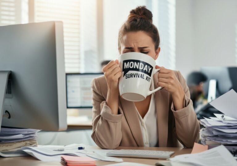 Woman drinking coffee at her desk while working