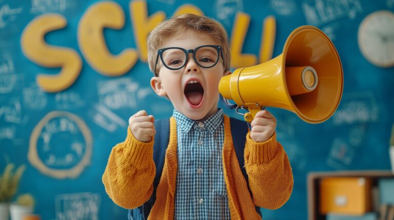 Small boy in yellow sweater holding a yellow megaphone and yelling
