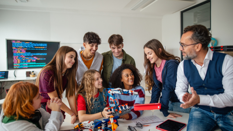 A group of students and a teacher at a table looking at a constructed robot